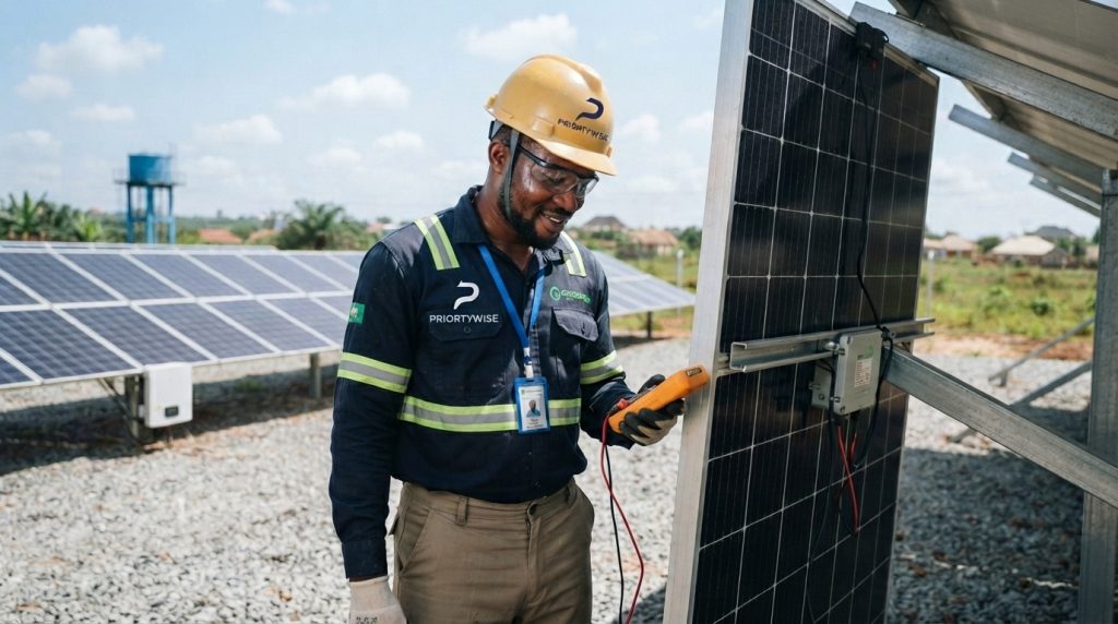 Solar System Maintenance: How to Protect Performance and Battery Life engineer standing by solar panel 202608221144