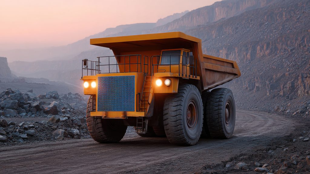 The Quarry Investor’s Challenge: heavy dump truck on a dusty road in an outdoor quarry at sunrise in heavy machinery industry